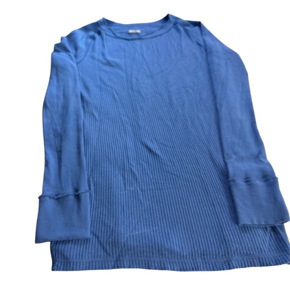 We The Free Free People Waffle Knit Tunic Top Blue Long Sleeve Raw Hem - Picture 2 of 6